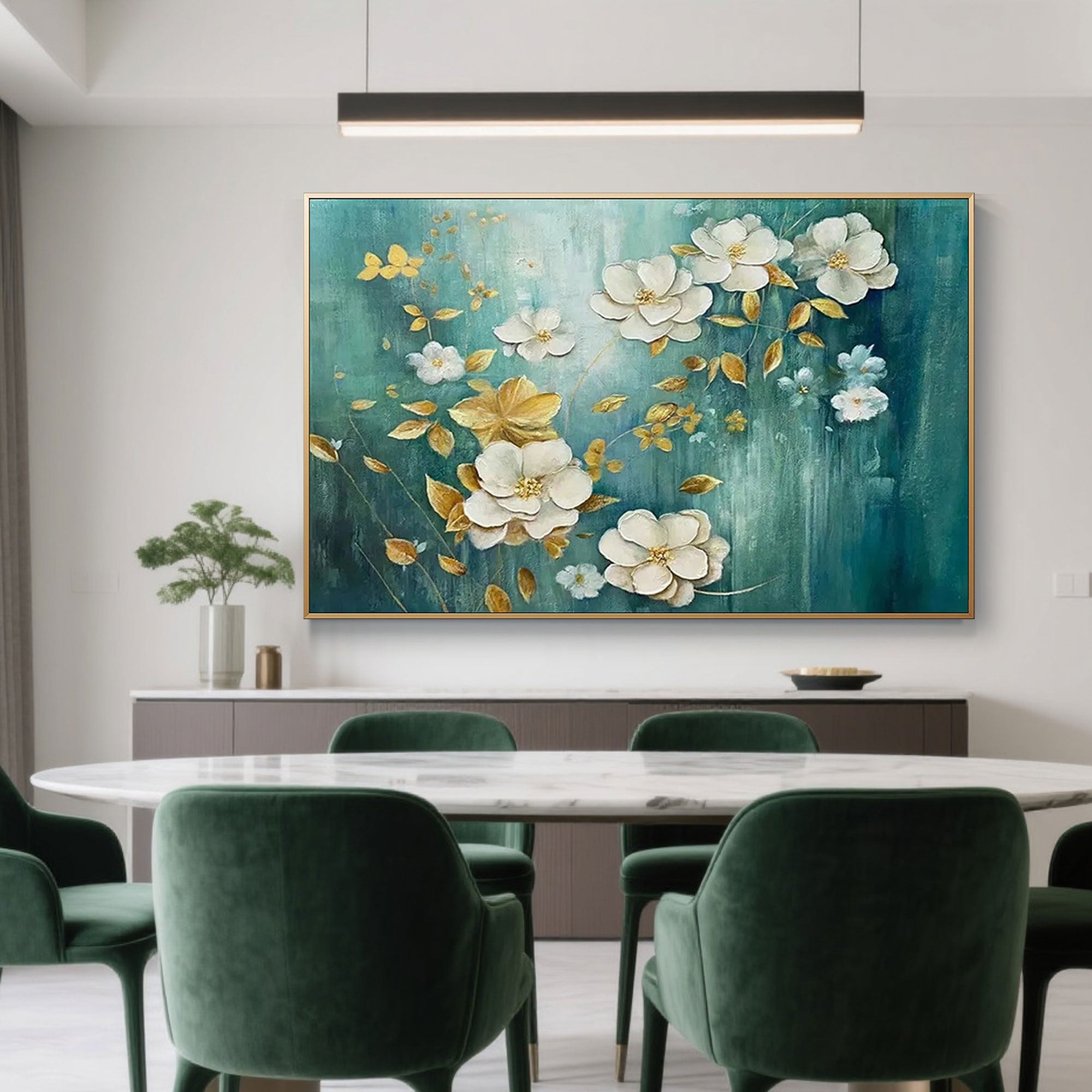 Modern floral wall art, green and gold canvas in a living room setting.