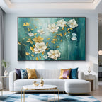 Horizontal canvas art with white flowers and gold leaves on green.