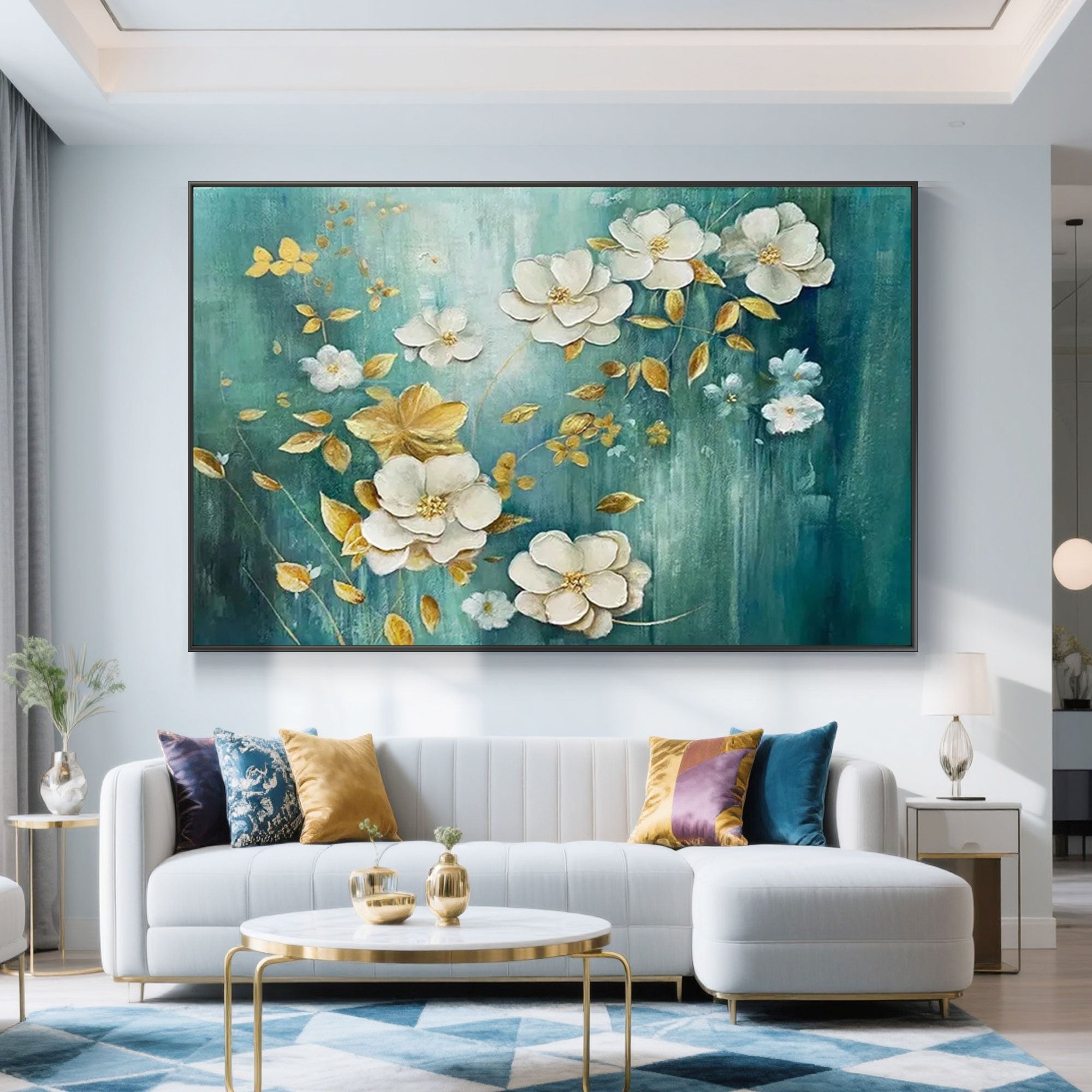 Horizontal canvas art with white flowers and gold leaves on green.