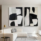 Hand-painted modern geometric abstract wall art set on canvas with black/white/beige tones, Lumi Gallery living room