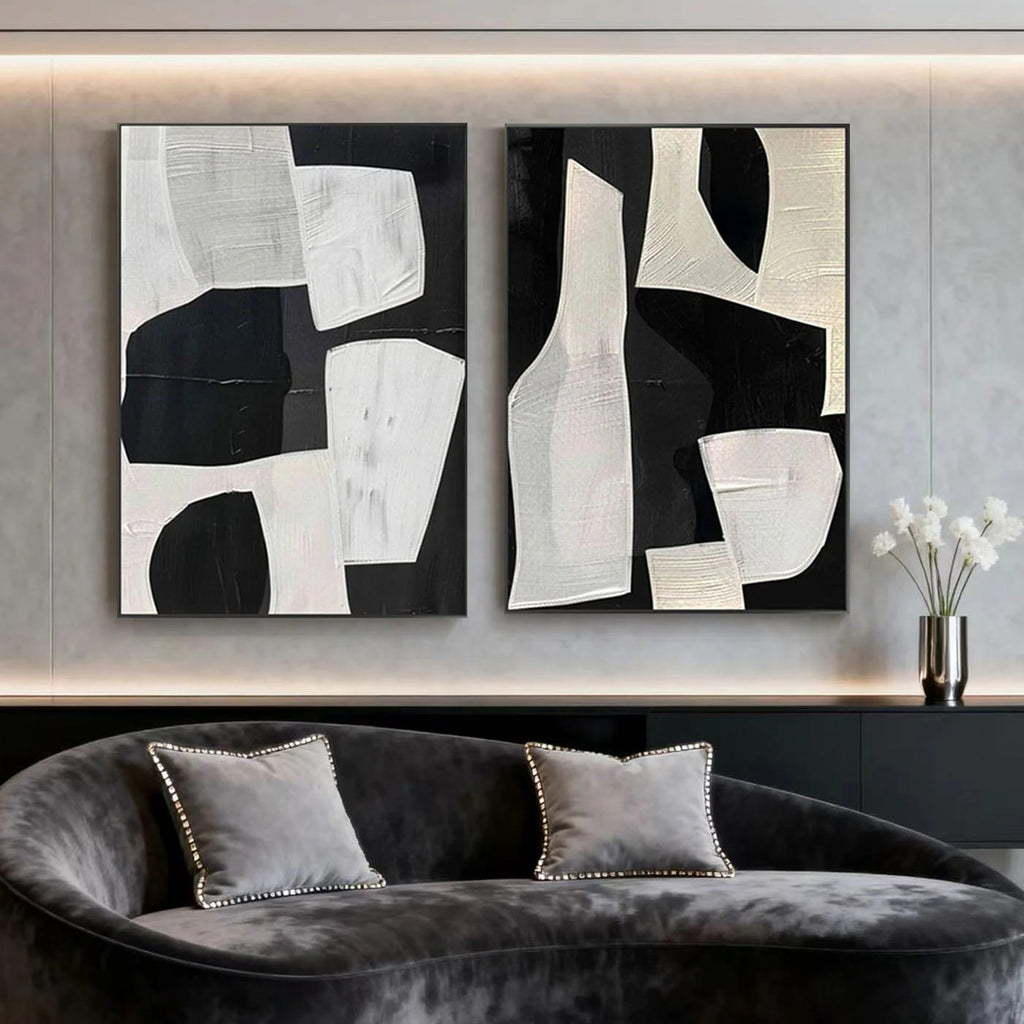 Lumi Gallery modern geometric abstract wall art set black white textured canvas contemporary living room