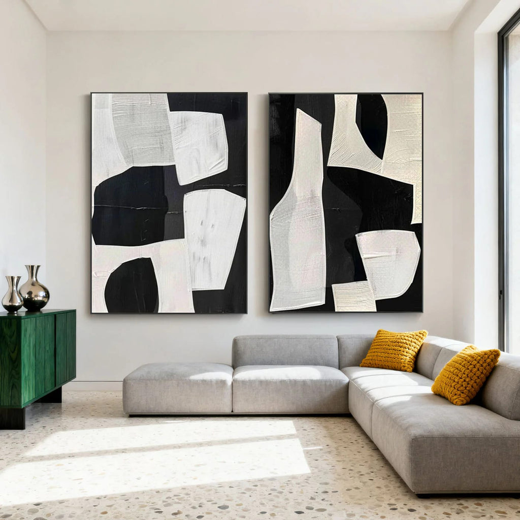 Hand-painted geometric abstract canvas art in modern living room