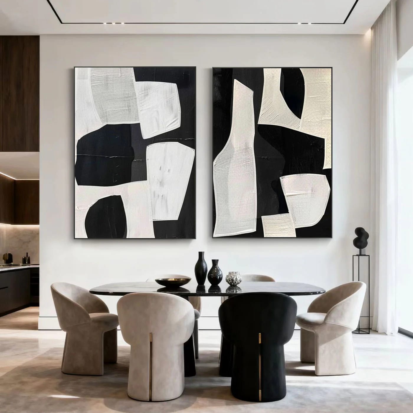 Lumi Gallery's modern geometric abstract canvas art pair with black/white textured designs in dining room