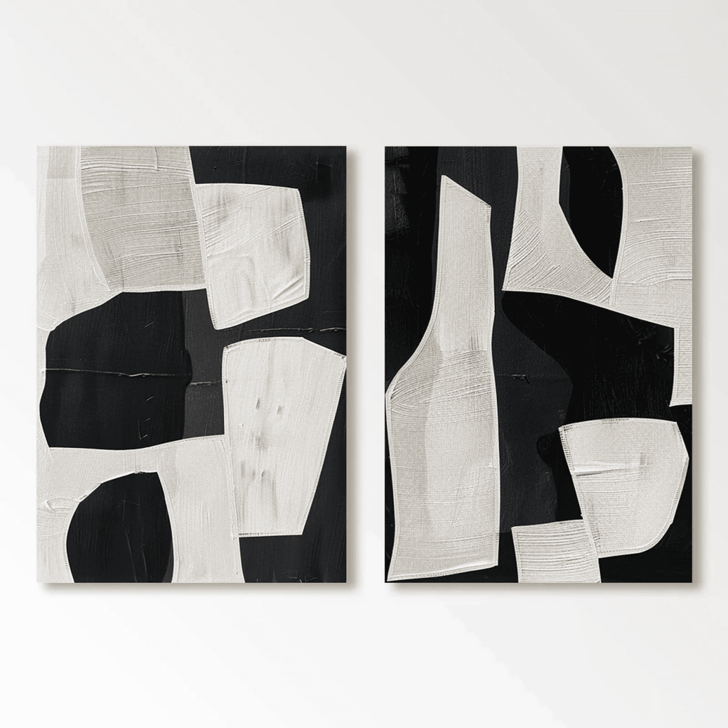 Interlocking forms dance in stark black and white, where geometry meets organic flow—a bold diptych meditation on contrast 