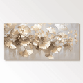Modern hand-painted canvas featuring golden ginkgo branches arranged in a canopy with textured leaves in gold, beige, and white tones on a soft gray background.
