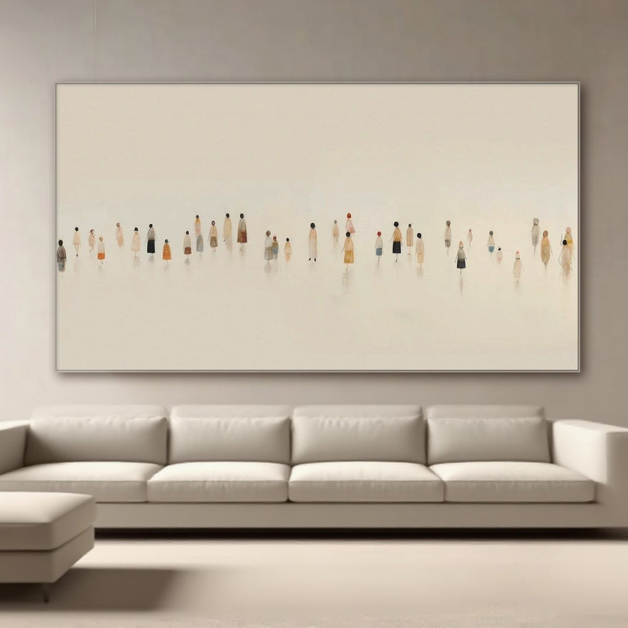 Lumi Gallery's modern minimalist abstract people canvas painting in neutral tones above white sofa