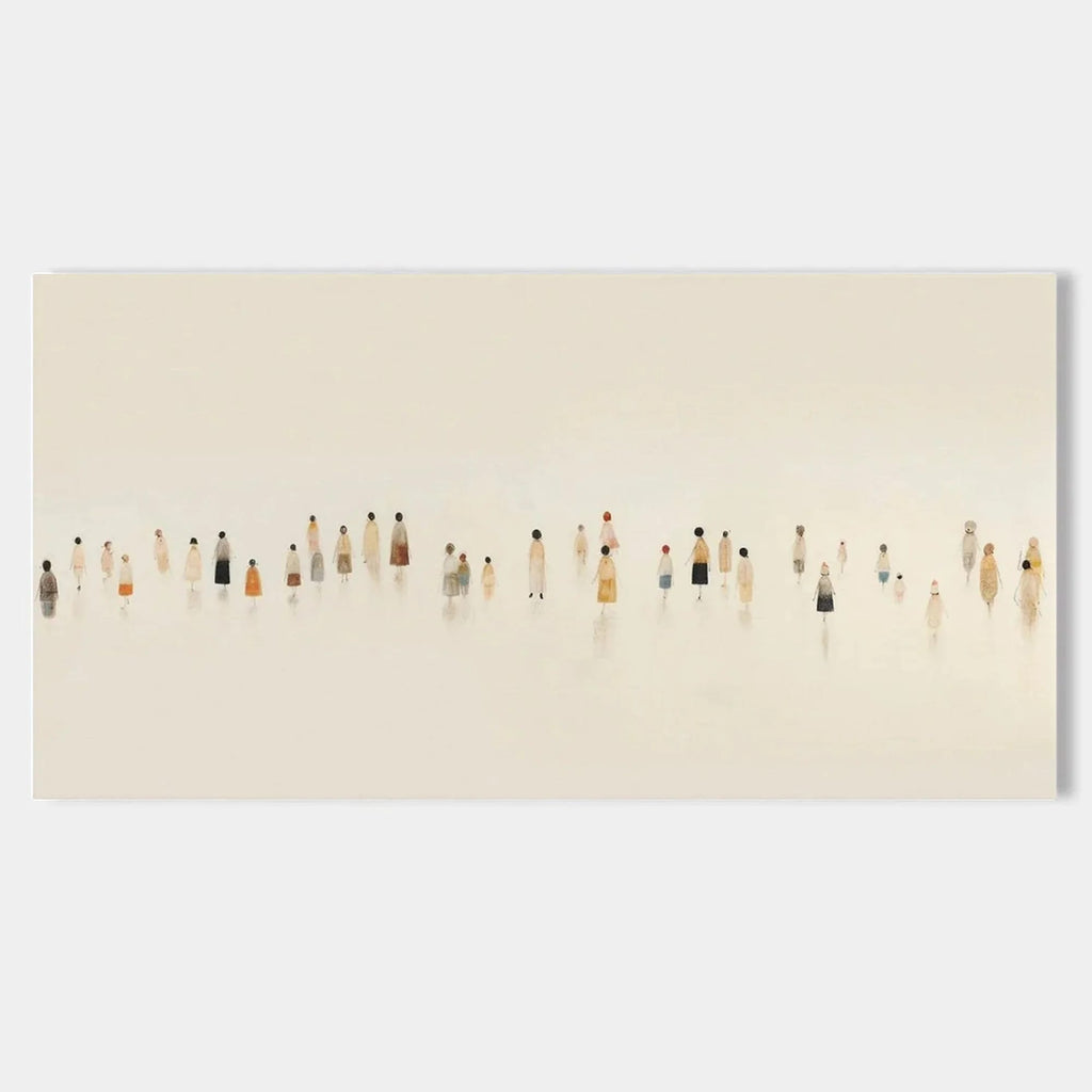 Artistic depiction of people standing in a line on a beige background