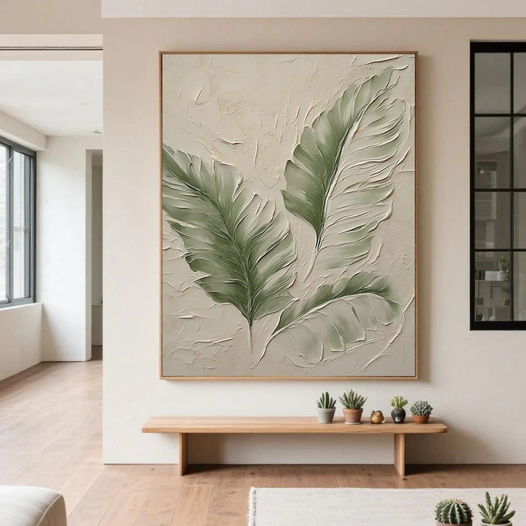 Large vertical modern minimalist botanical oil painting with green, beige, and white neutral tones, expressive leaf brushwork