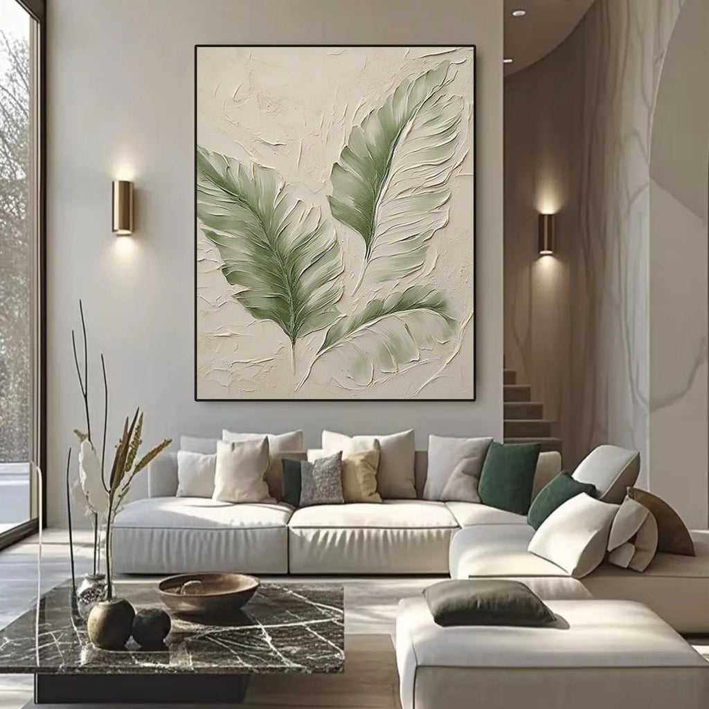 Lumi Gallery's Modern Minimalist Banana Leaf Canvas Art with textured green leaves in contemporary living room