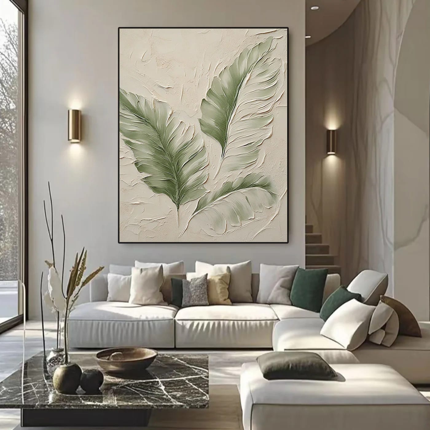 Lumi Gallery's Modern Minimalist Banana Leaf Canvas Art with textured green leaves in contemporary living room