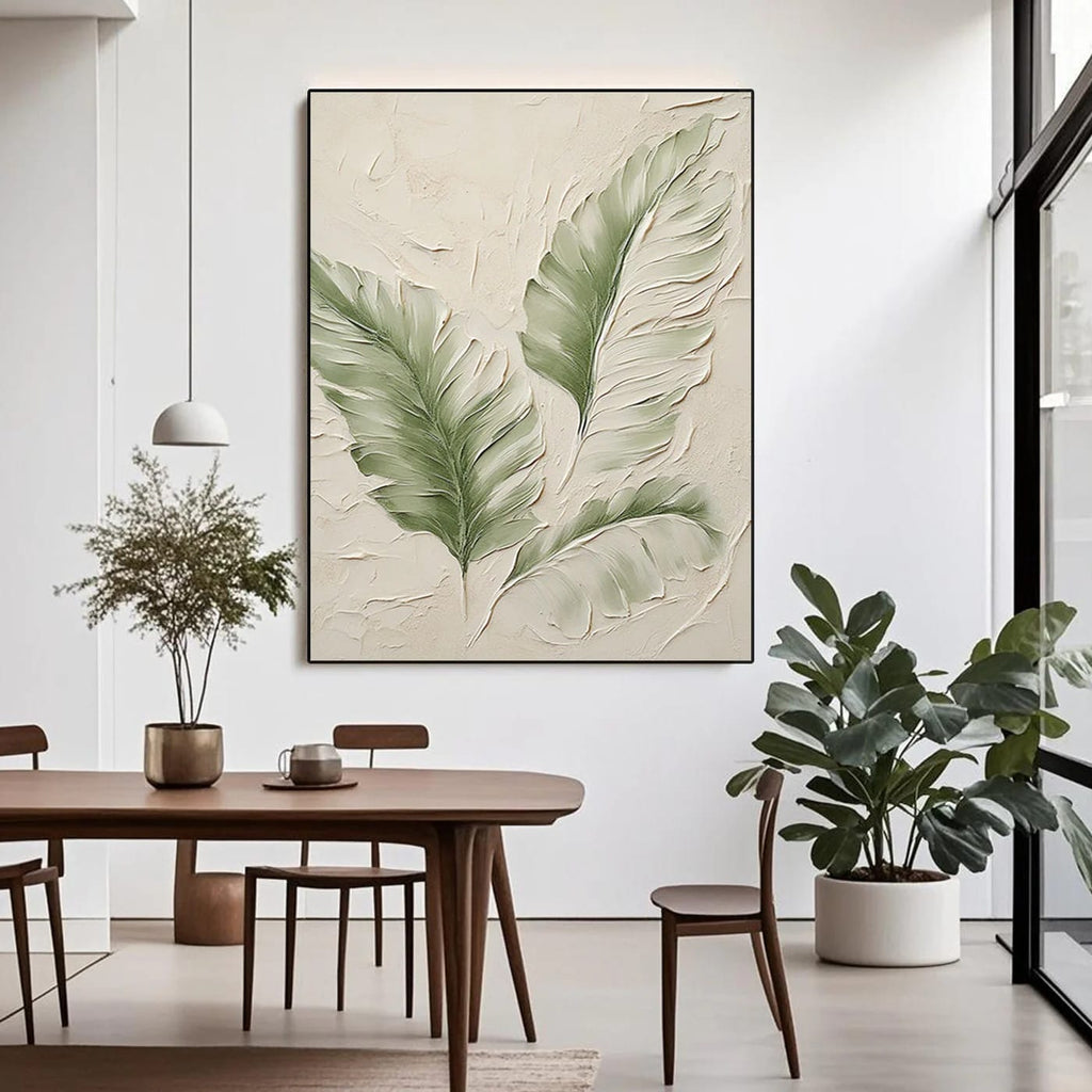 Modern minimalist banana leaf art with textured canvas, beige background, living room decor at Lumi Gallery