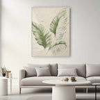 Hand-painted modern minimalist botanical artwork featuring textured green banana leaves on beige background, displayed in a contemporary living room.