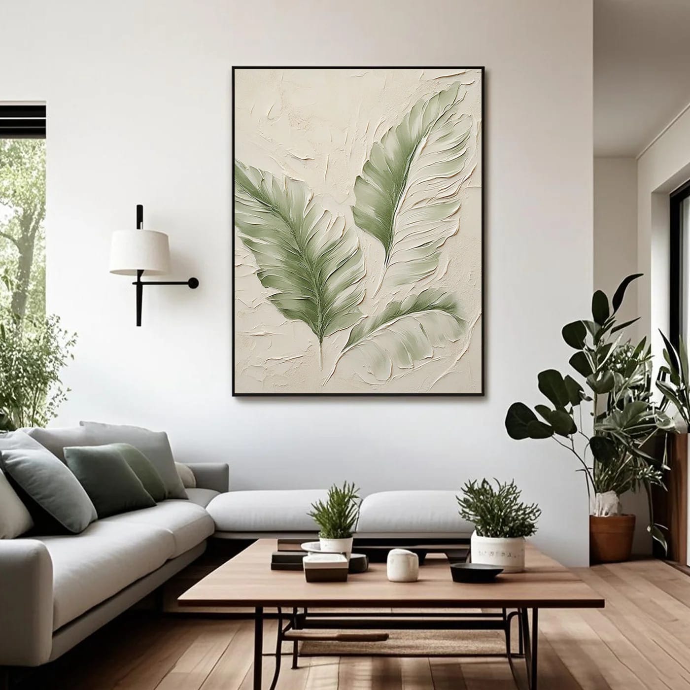 Modern minimalist hand-painted banana leaf wall art with textured details in living room