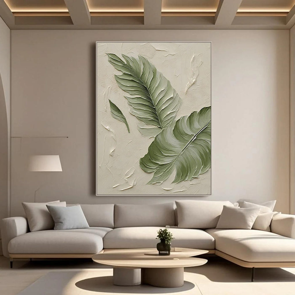 Modern minimalist botanical canvas art with textured banana leaf painting in contemporary living room