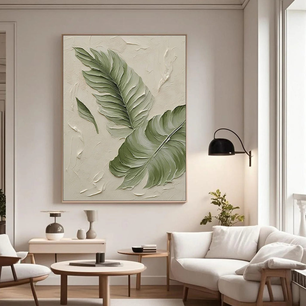 Large vertical modern minimalist botanical oil painting with green, beige, and white neutral tones, expressive leaf brushwork