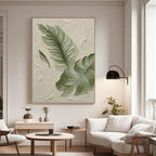Large vertical modern minimalist botanical oil painting with green, beige, and white neutral tones, expressive leaf brushwork