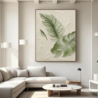 Modern minimalist botanical canvas art with textured banana leaves, framed, in contemporary living room
