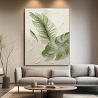 Lumi Gallery modern minimalist botanical canvas art with green banana leaves, textured paint, living room