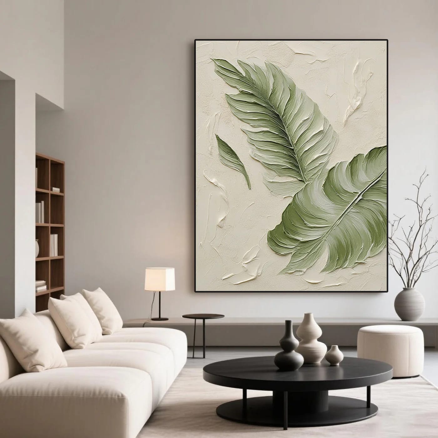 Modern minimalist canvas art with large textured green banana leaves on a light beige background, displayed in a contemporary living room.