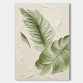 Modern minimalist hand-painted canvas art featuring textured banana leaves in varying soft green tones on a cream background, eco-friendly paints, timeless design.