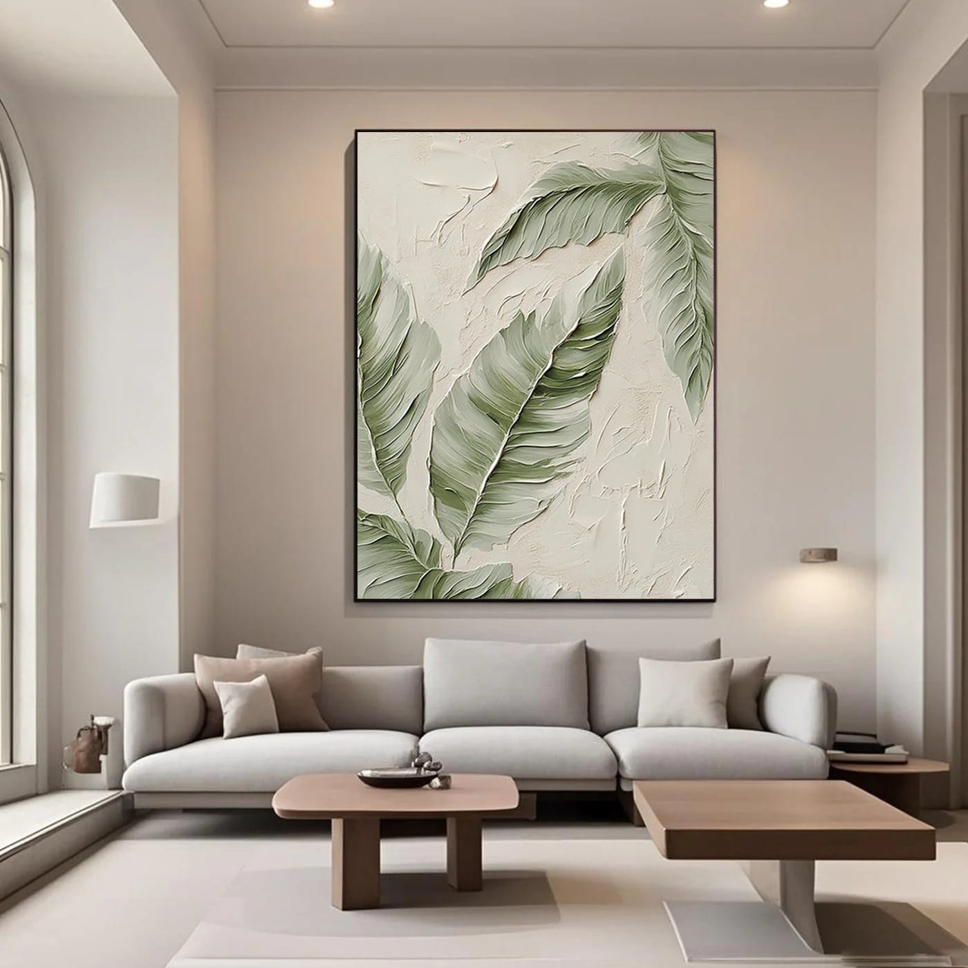 Modern minimalist botanical wall art with textured banana leaves in contemporary living room