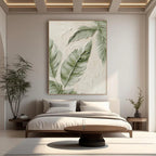 Modern minimalist botanical art - banana leaf painting in serene bedroom setting