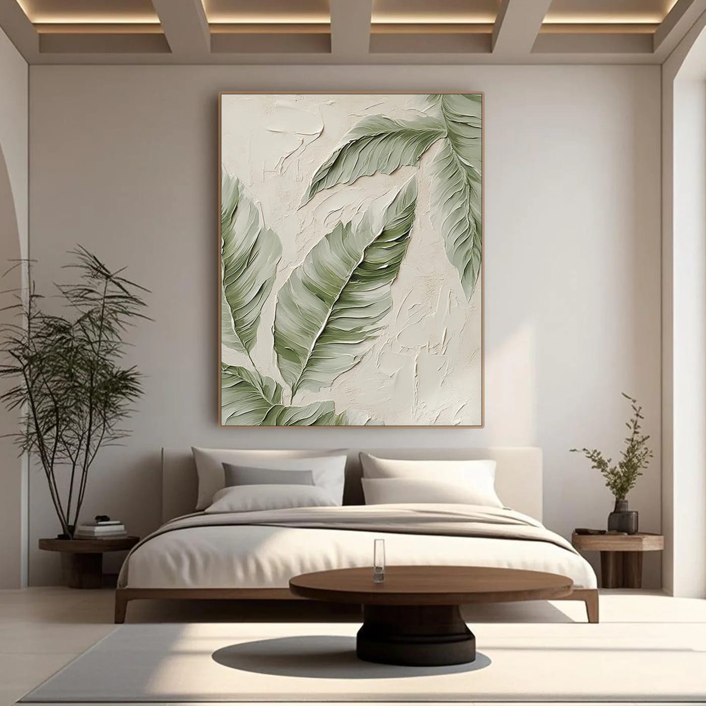Modern minimalist botanical art - banana leaf painting in serene bedroom setting
