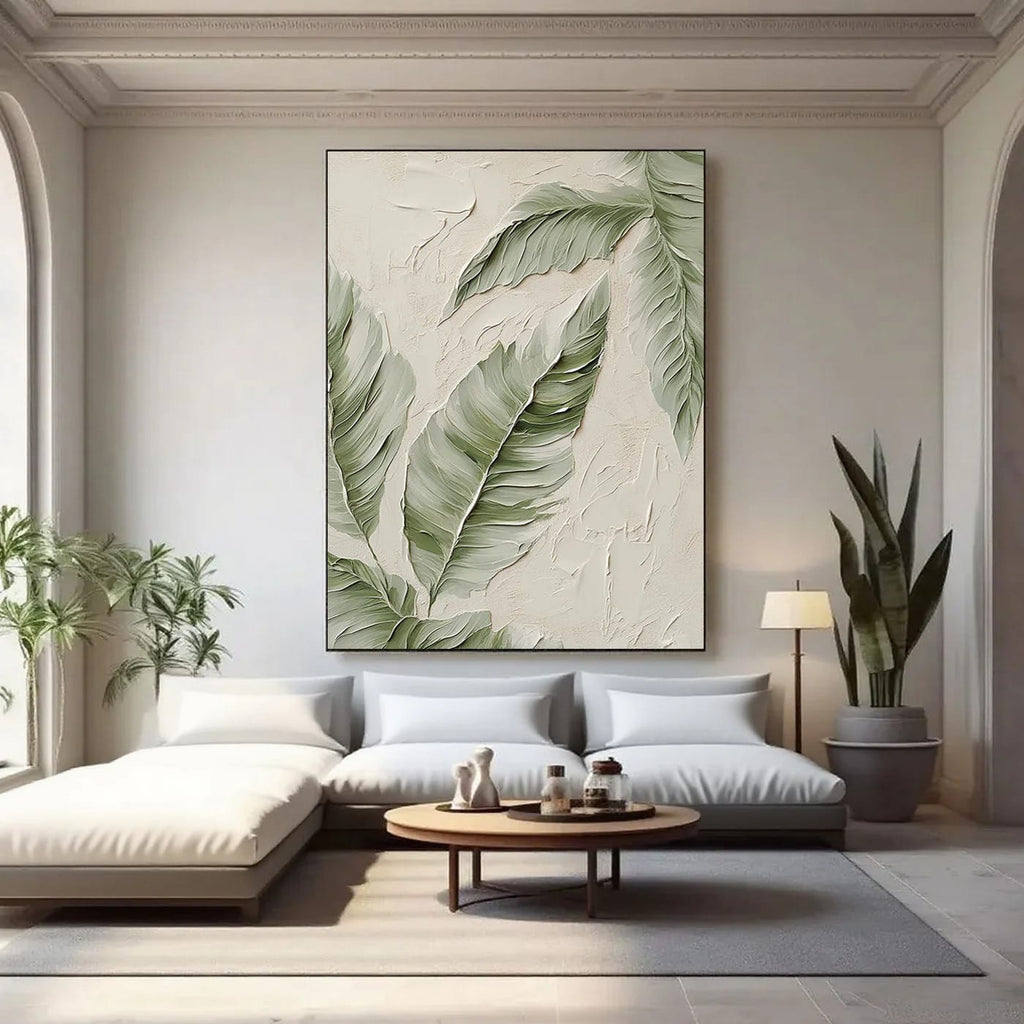 Large vertical modern minimalist botanical 3D textured oil painting with green, beige, and white neutral tones, sculptural la