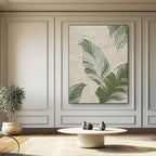 Lumi Gallery's modern minimalist banana leaf wall art with textured details, mounted in stylish living room