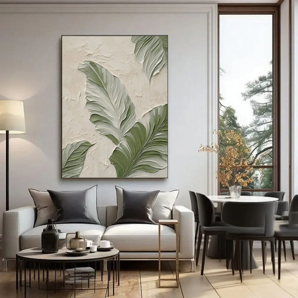Modern minimalist botanical wall art with banana leaves, textured canvas, in contemporary living room