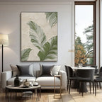 Modern minimalist botanical wall art with banana leaves, textured canvas, in contemporary living room