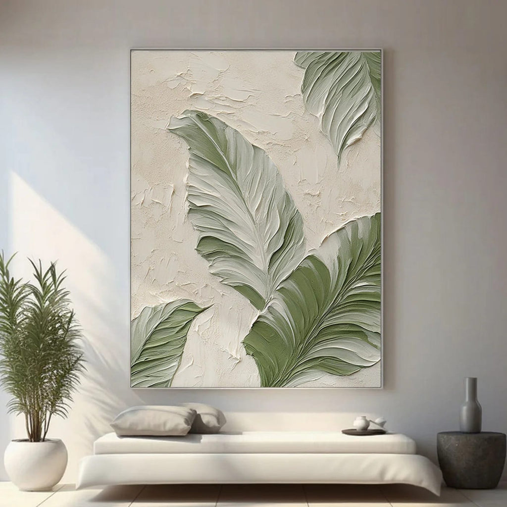 Large vertical modern minimalist botanical 3D textured canvas painting with green, beige, and white neutral tones, sculptural