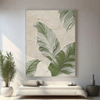 Large vertical modern minimalist botanical 3D textured canvas painting with green, beige, and white neutral tones, sculptural