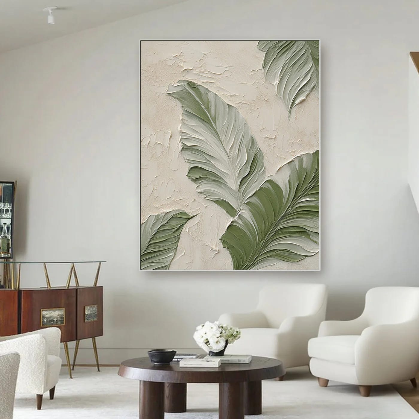 Modern minimalist hand-painted banana leaf IV wall art on textured canvas in living room