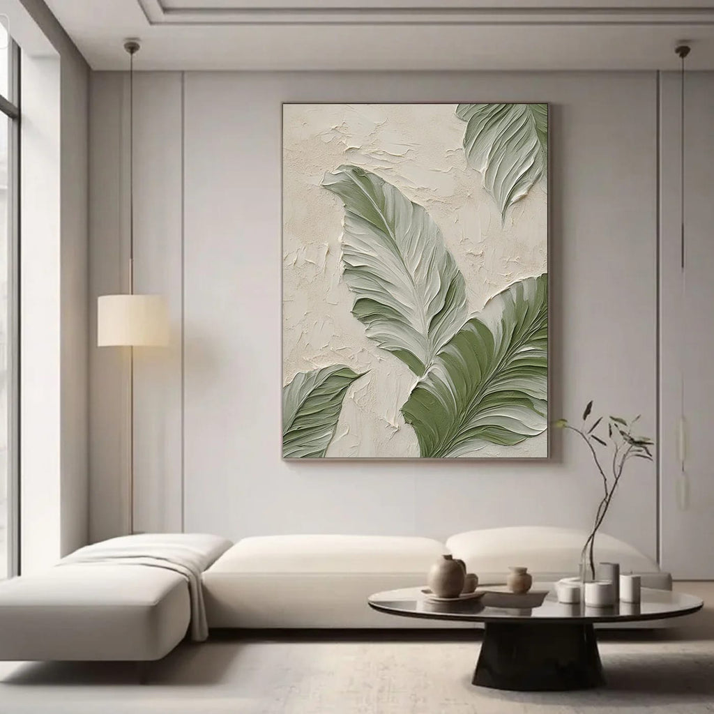Hand-painted modern minimalist botanical wall art with textured green banana leaves in living room, Lumi Gallery