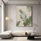 Hand-painted modern minimalist botanical wall art with textured green banana leaves in living room, Lumi Gallery
