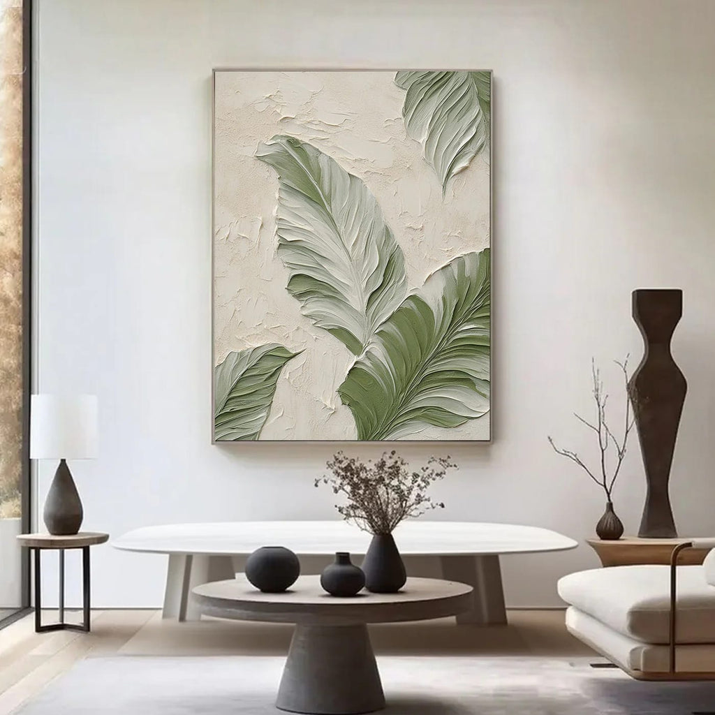 Modern minimalist banana leaf wall art with textured canvas, eco-friendly paints, contemporary living room