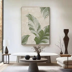 Modern minimalist banana leaf wall art with textured canvas, eco-friendly paints, contemporary living room