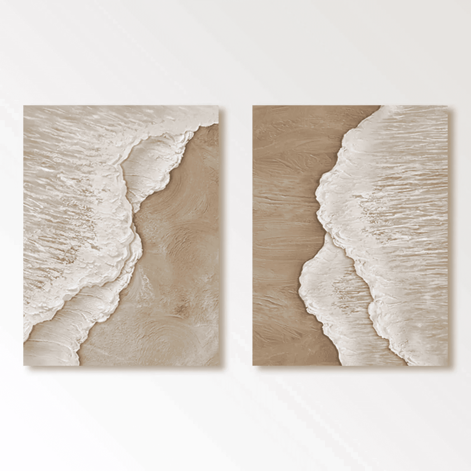 Large vertical modern minimalist 3D textured coastal painting set of 2 with beige, white, and brown neutral tones, sculptural