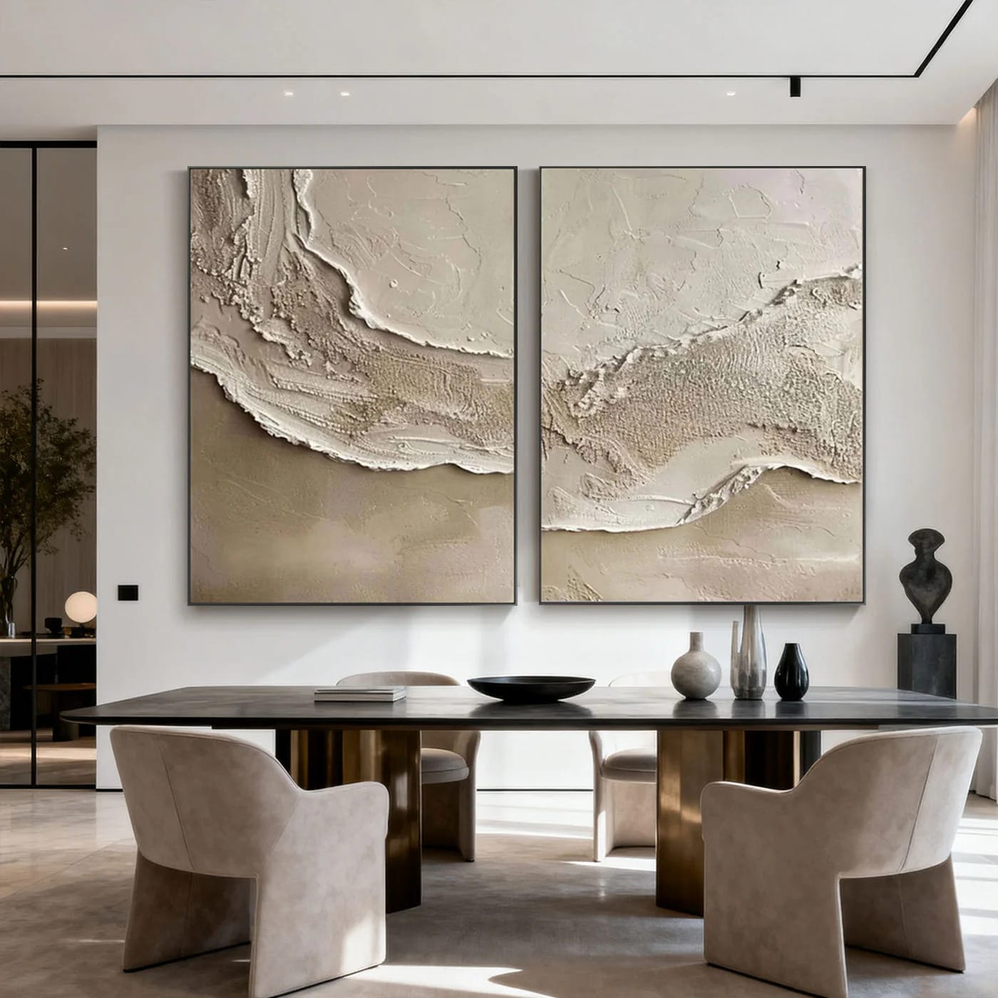 Large vertical modern minimalist 3D textured coastal oil painting set of 2 with beige and brown earth tones, sculptural plast