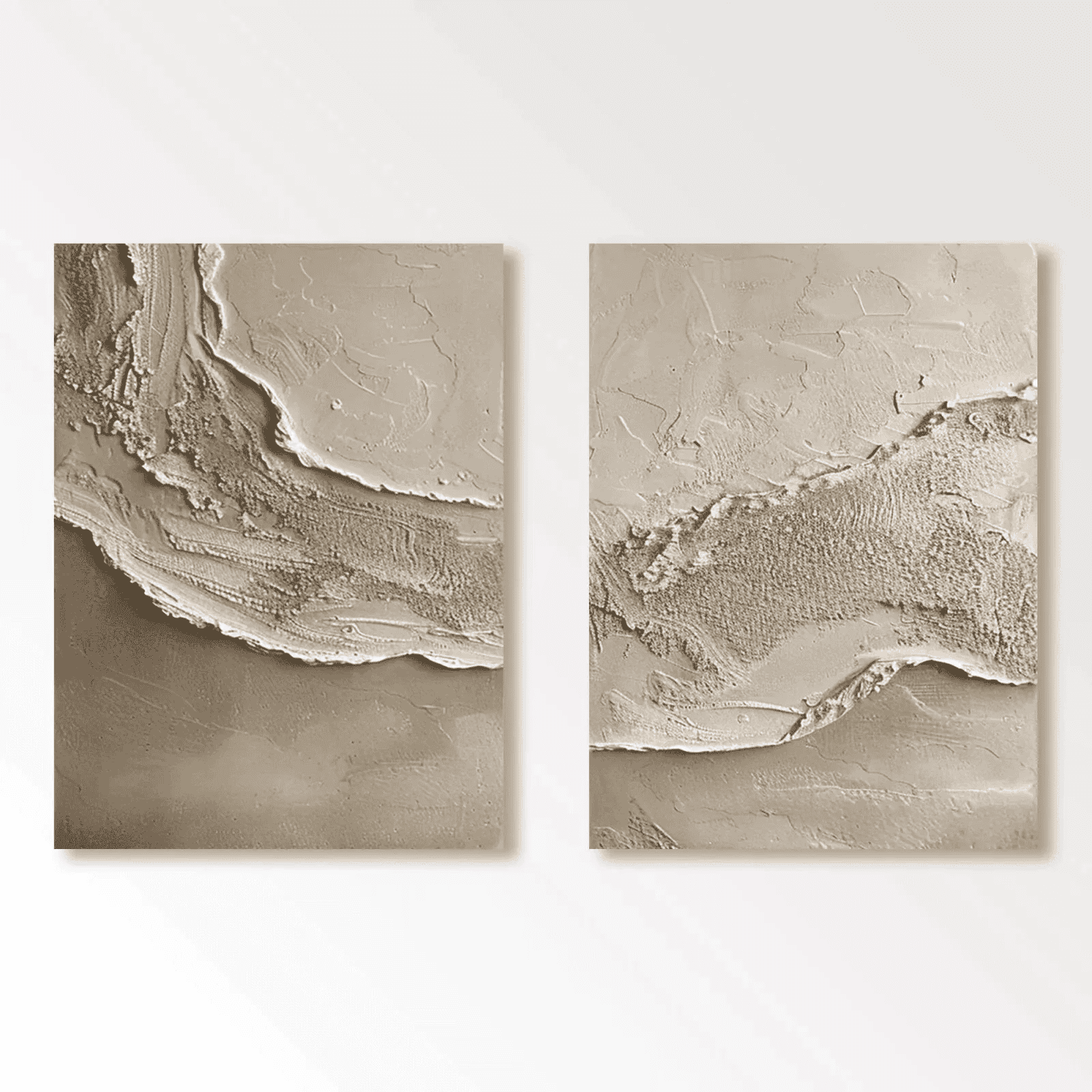 Large vertical modern minimalist 3D textured coastal oil painting set of 2 with beige and brown earth tones, sculptural plast