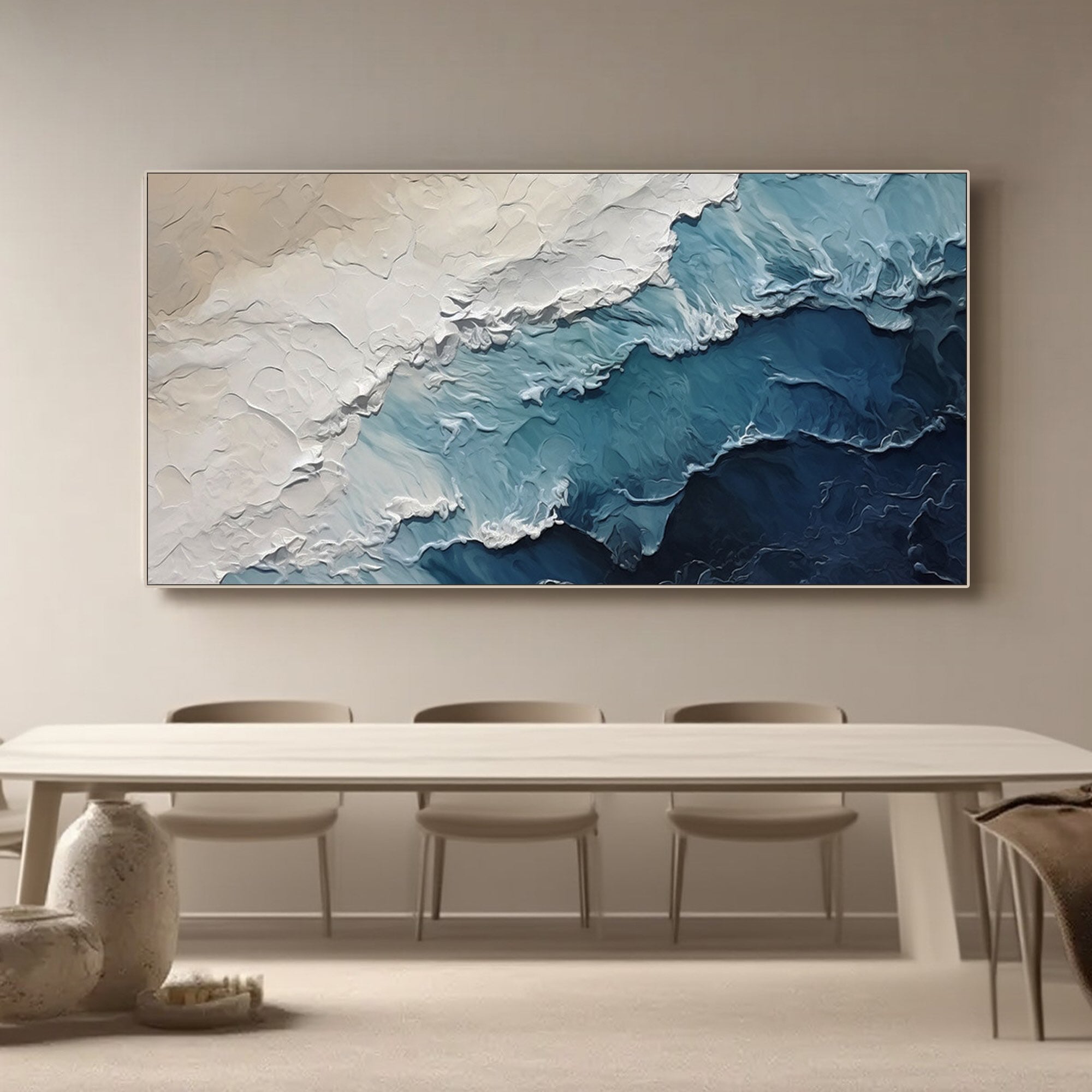 Deepshore wave art displayed above a dining table, creating a calming atmosphere.