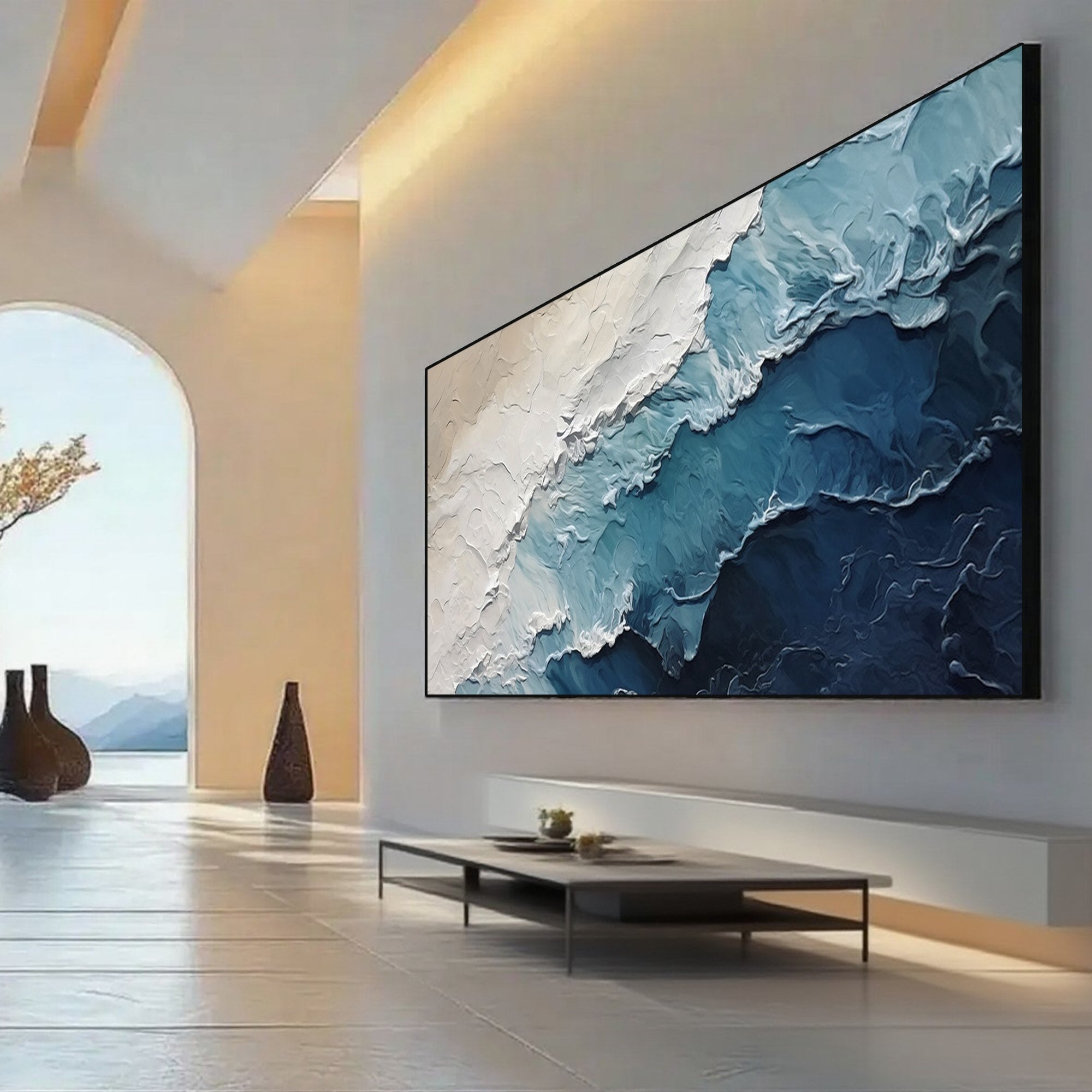 Large Deepshore ocean wave canvas art in a contemporary living space.
