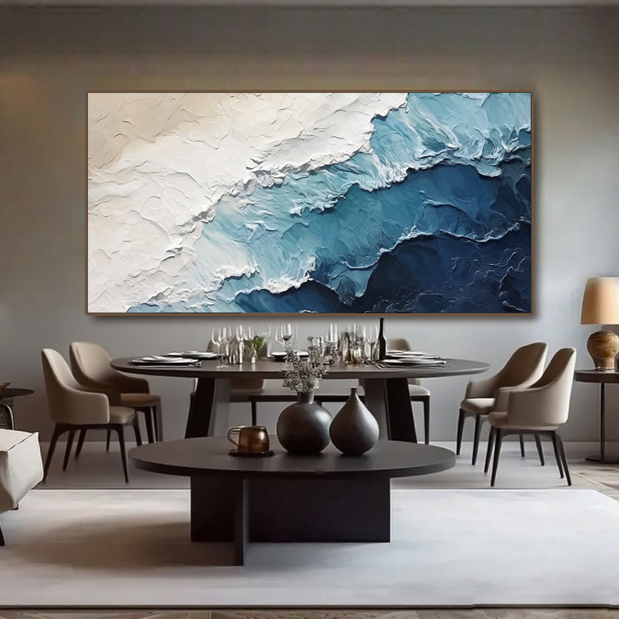 Modern Ocean Waves Wall Art - Deepshore, showcasing textured blue, gray, and beige hues.