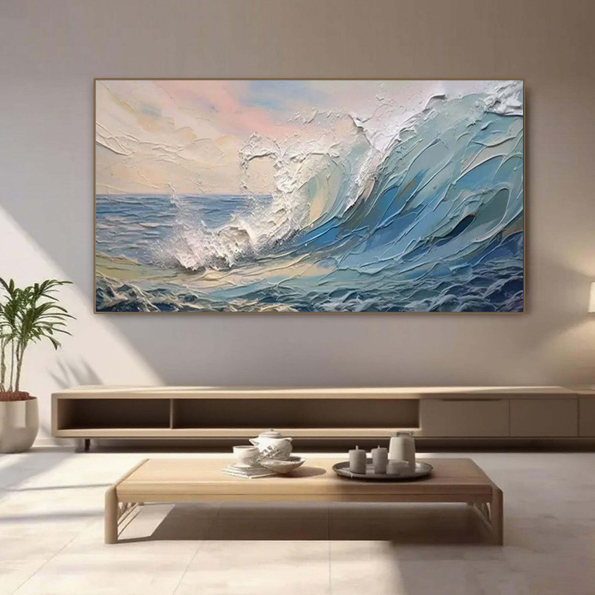 Framed ocean wave canvas art in a modern living room.