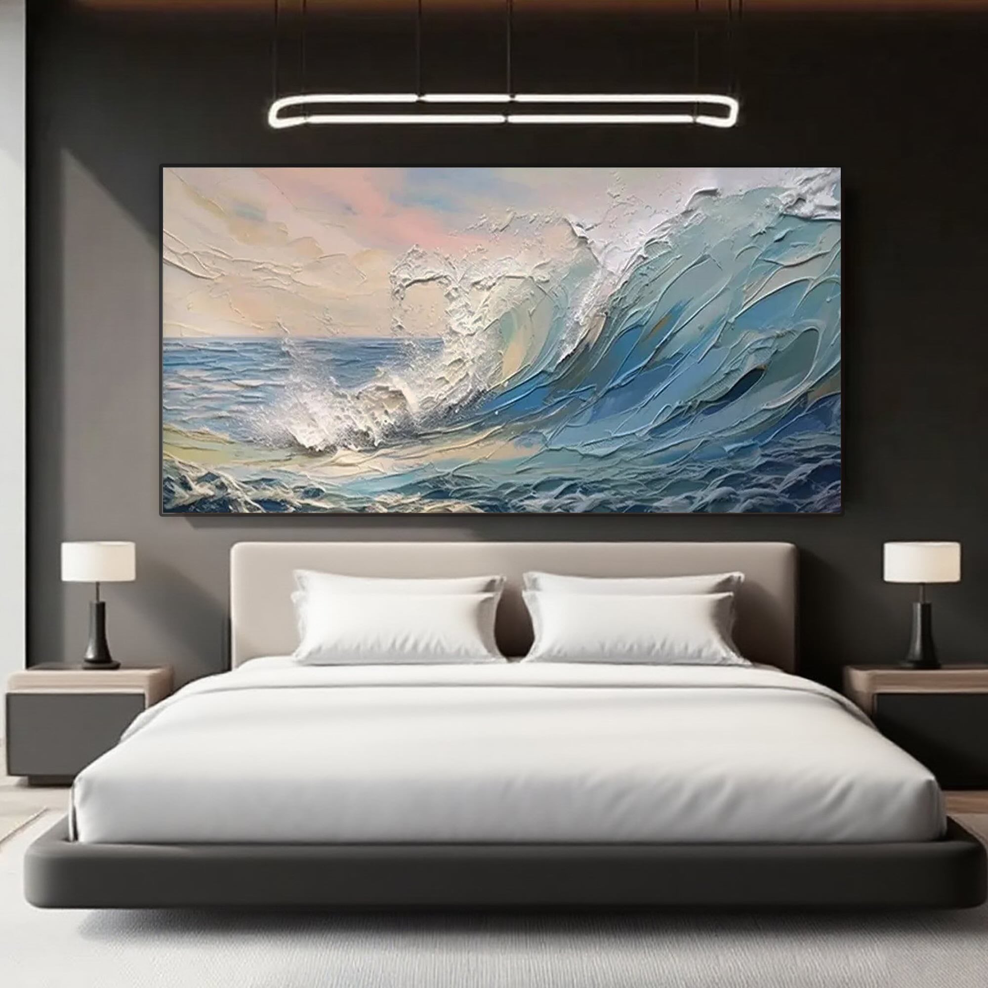 Ocean wave canvas art displayed above a bed in a modern bedroom.