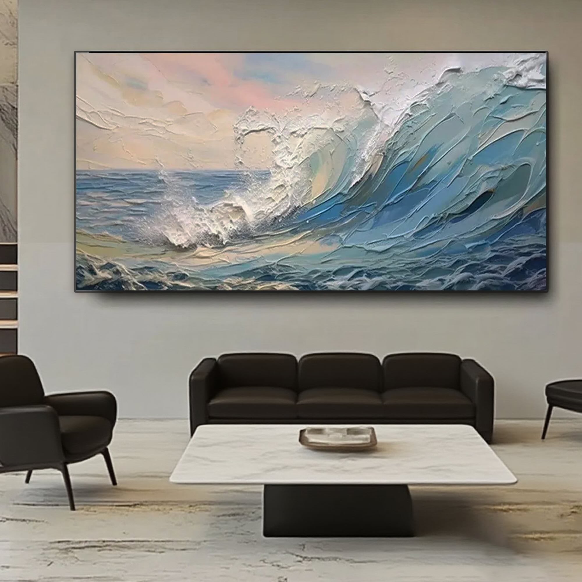 Hand-painted ocean wave art with 3D texture in blue and white.