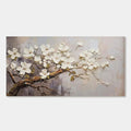 Modern white floral art on beige canvas, showcasing delicate impasto blossoms.