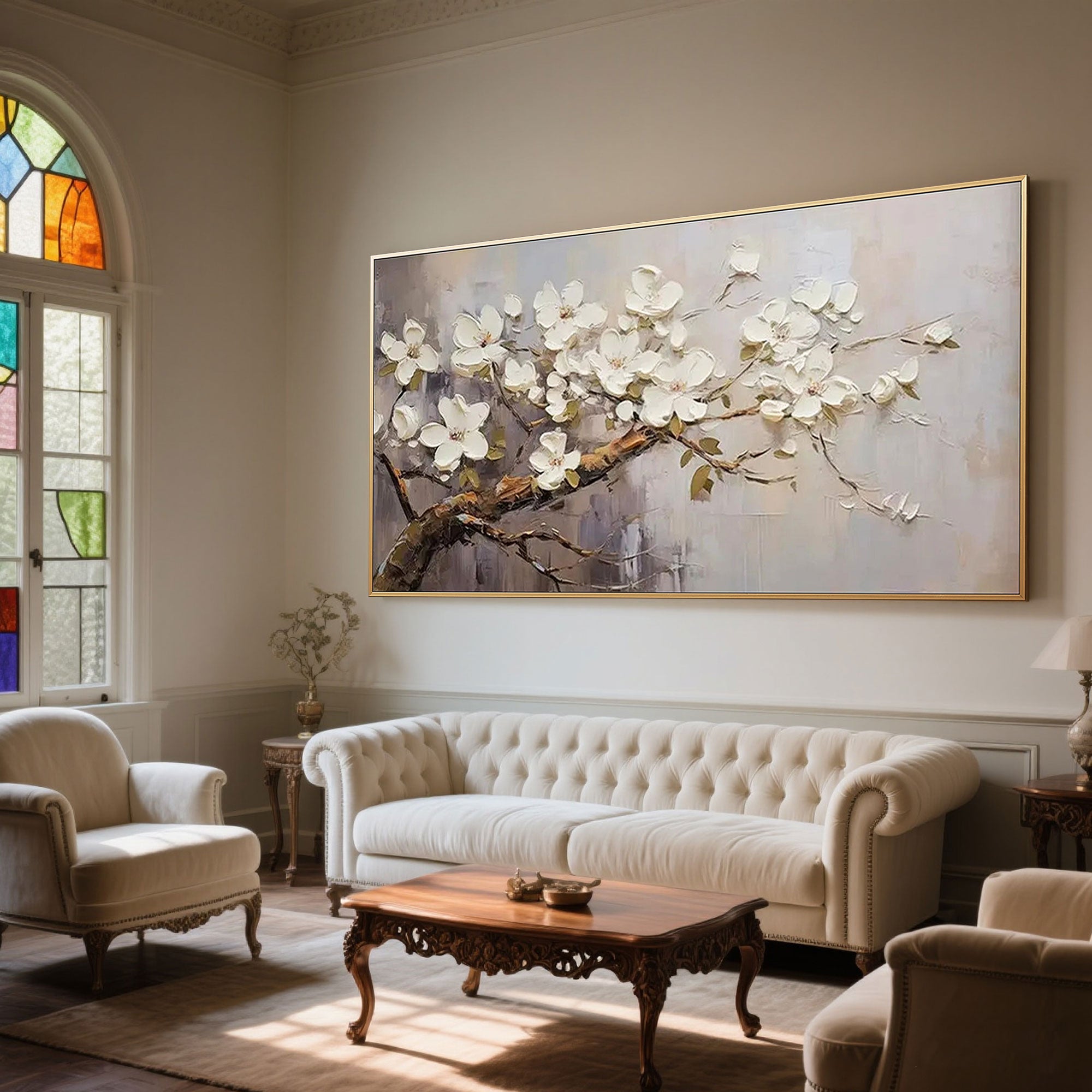 Elegant living room with 'Silent Grace' modern floral art above a cream sofa.