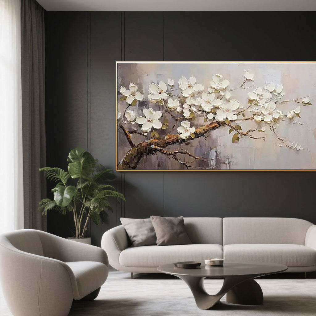 Close-up of white blossoms on the 'Silent Grace' floral canvas art.